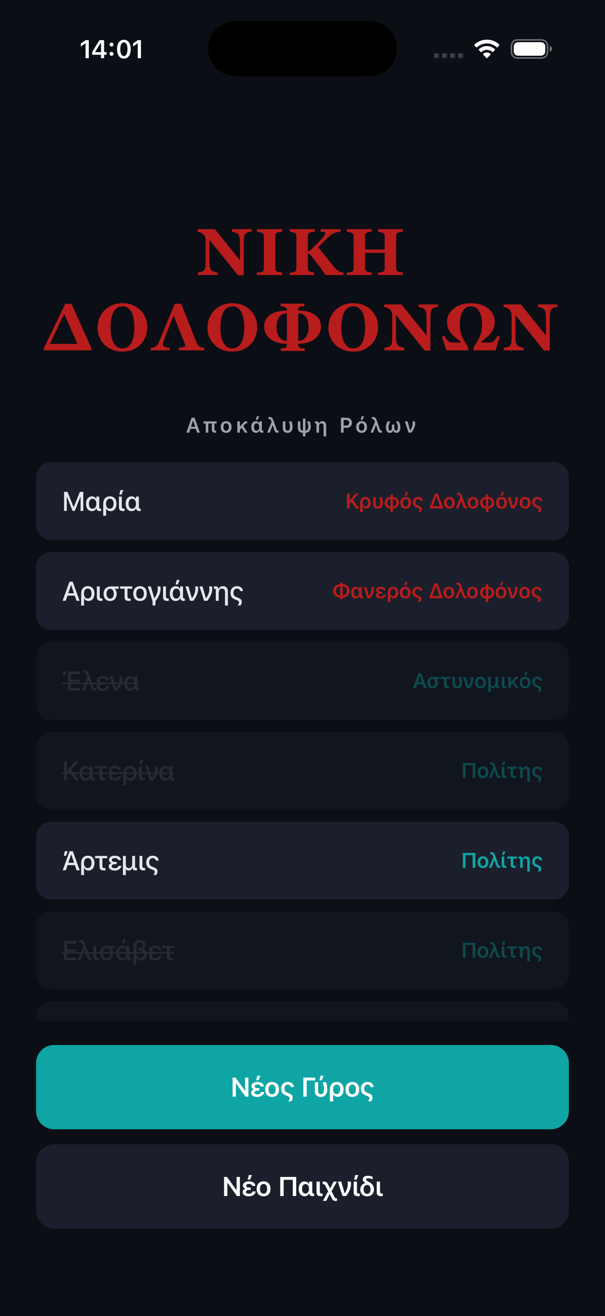 Τελική οθόνη αποτελέσματος με νίκη δολοφόνων